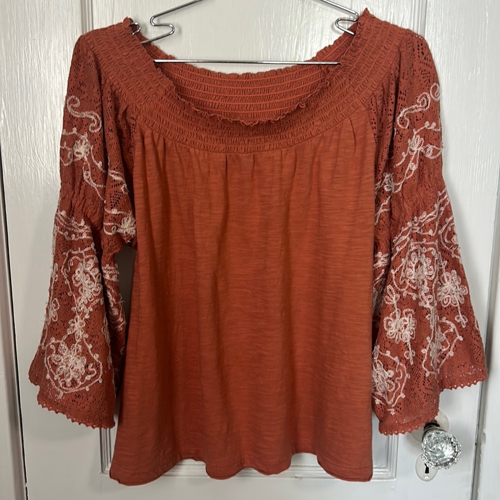 Free People Peasant Top XS Bell Sleeve Lace Embroidery